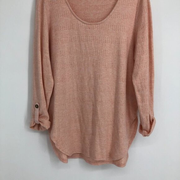 Anthropologie  Akemi + Kin Pink Sylvie Pointelle Knit Long Sleeve Roll Tab Top S - Picture 9 of 16